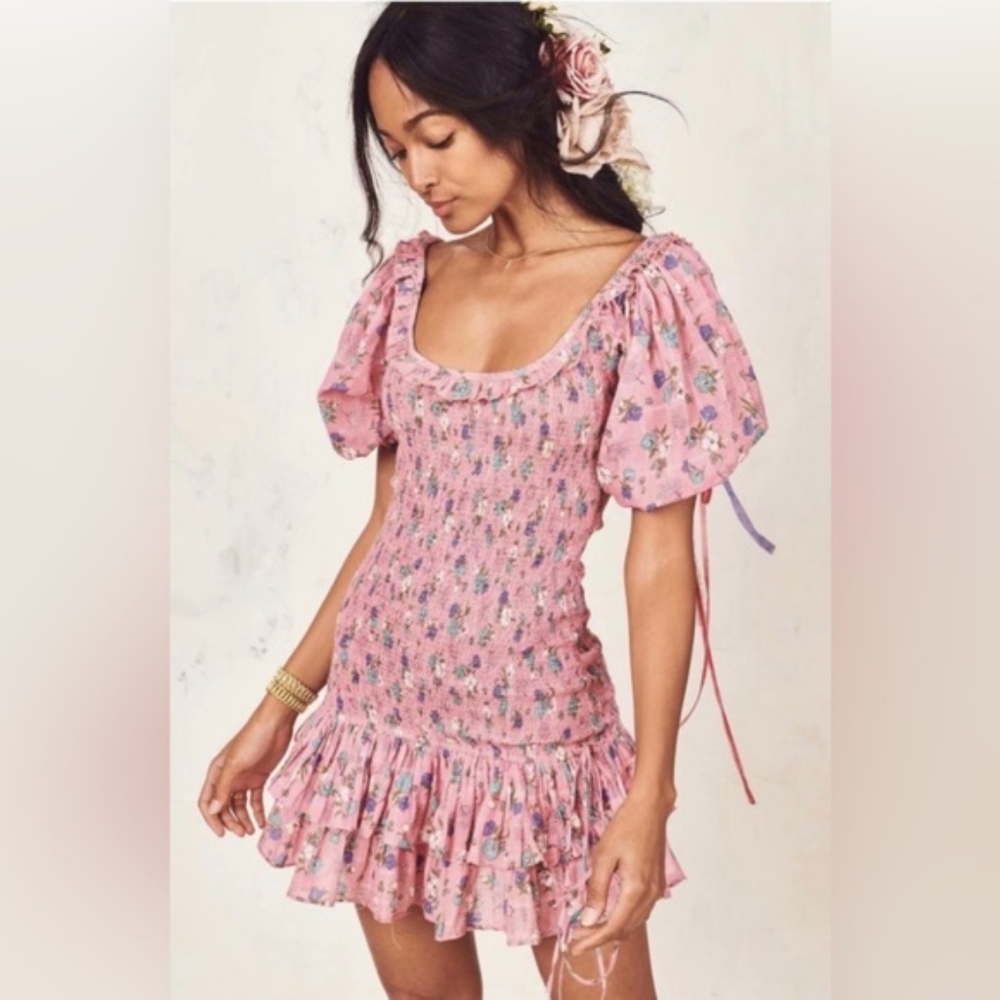 Loveshackfancy Violet Hollywood Pink Floral Smocked Dress with Ruffle Hem XS - Picture 6 of 17